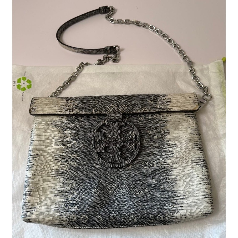 Tory Burch Miller Snakeskin Embossed Leather Convertible Clutch Crossbody Purse
